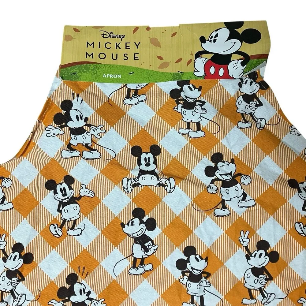 Disney Thanksgiving Apron‎ Orange Fall Mickey Mouse Plaid Holiday Kitchen
